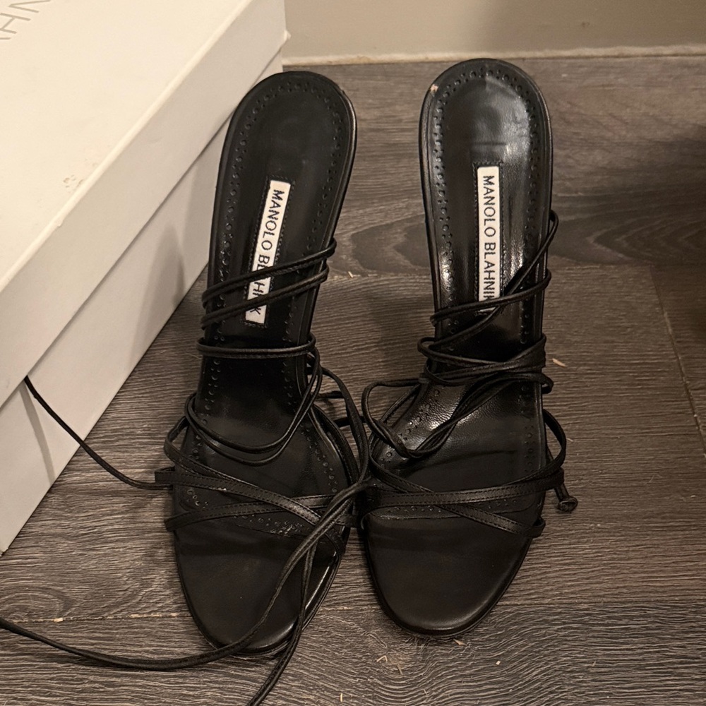 Manolo Blahnik Black Lace-Up Heels